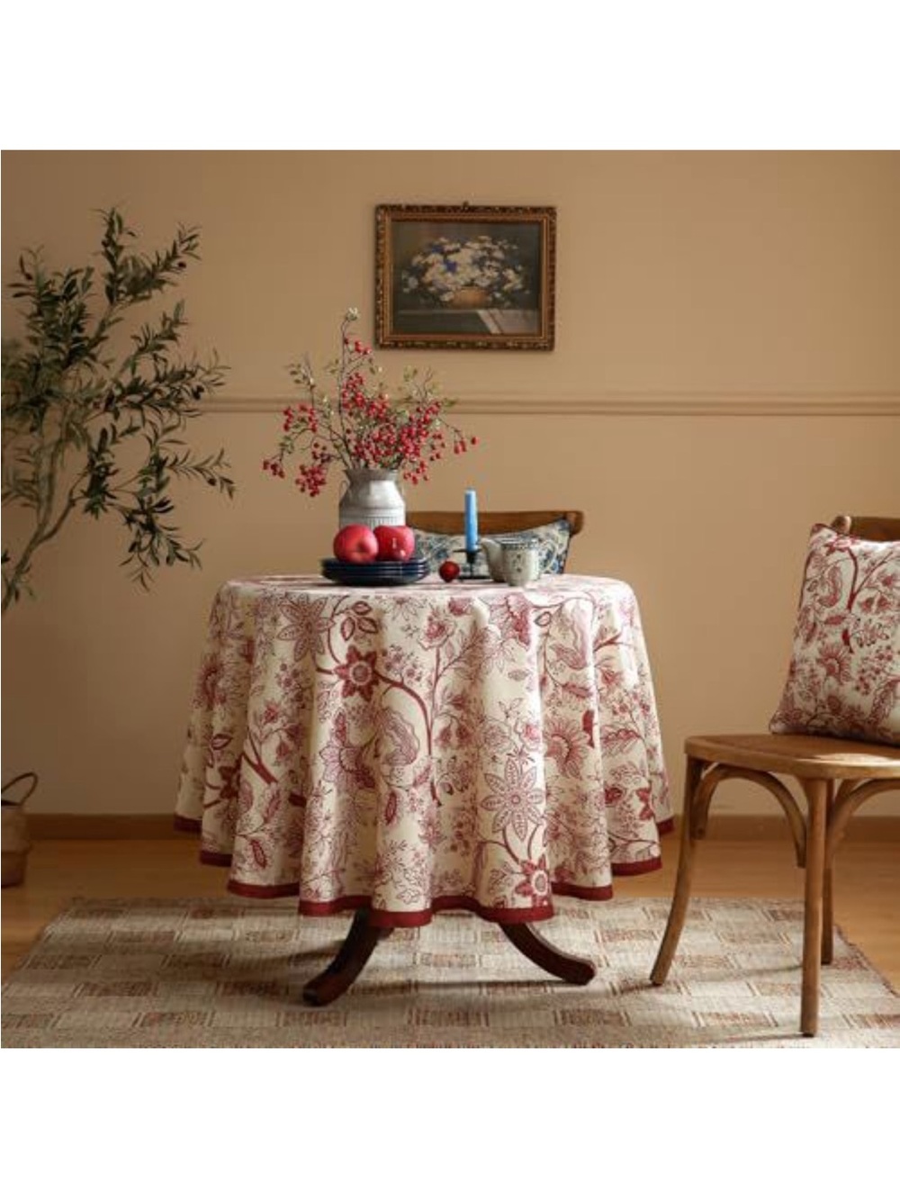 NEW ISAENNE Designer French Linen Tablecloth, Red Floral Washable 67” round